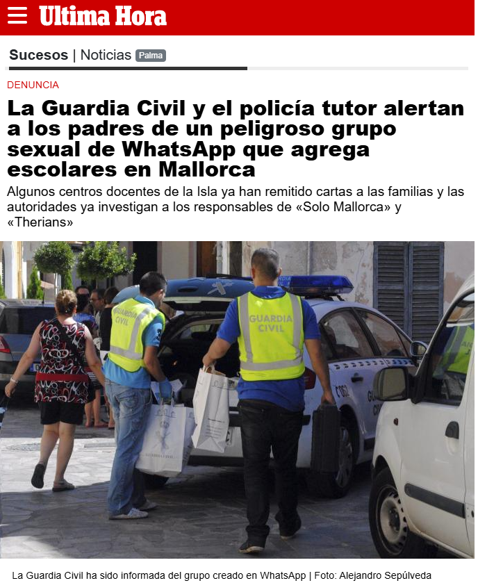 @ultimahora "La Guardia Civil y el policía tutor alertan a los padres de un peligroso grupo sexual de WhatsApp que agrega escolares en Mallorca"