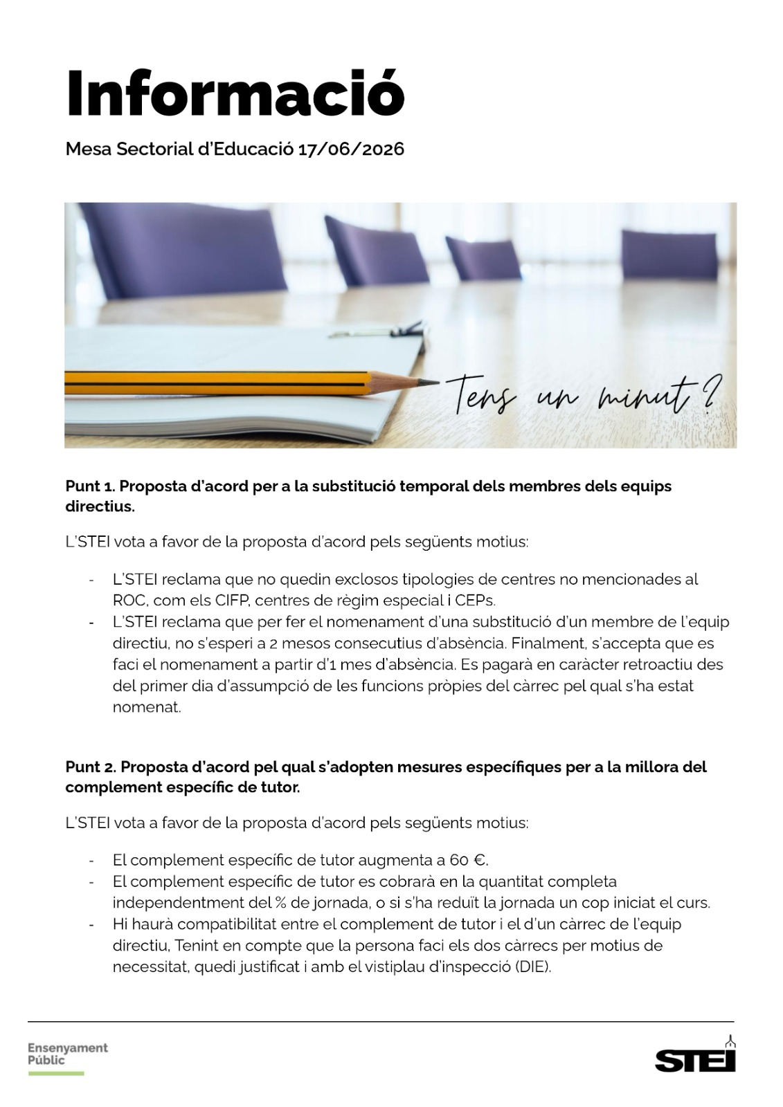 Tens un minut? Informació mesa sectorial 17/06/2026